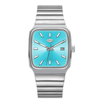 silver watch blue dial