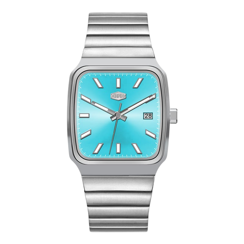 silver watch blue dial