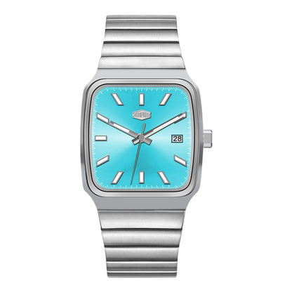 silver watch blue dial