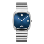 Silver watch with a blue face on a white background