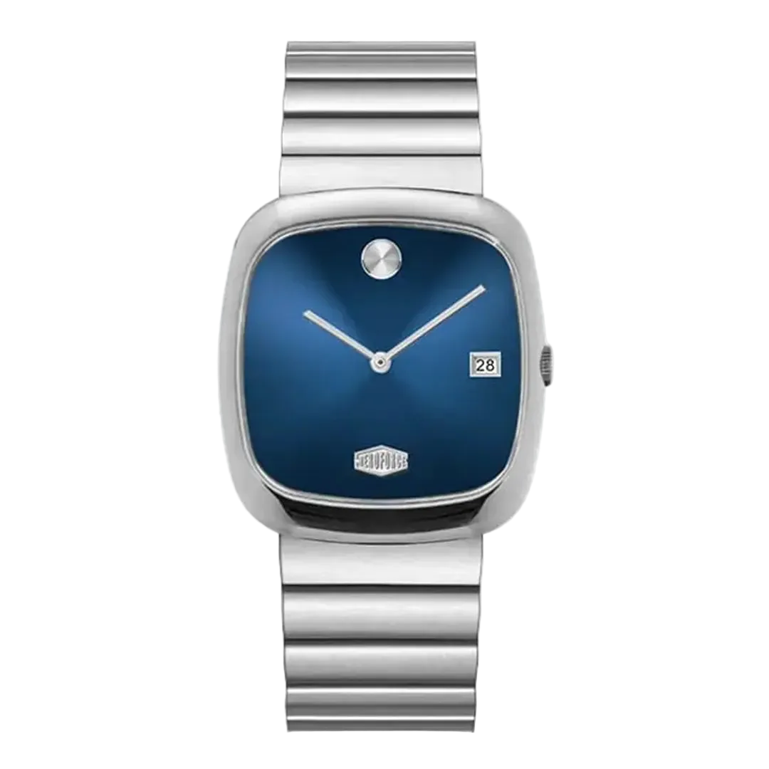 Silver watch with a blue face on a white background