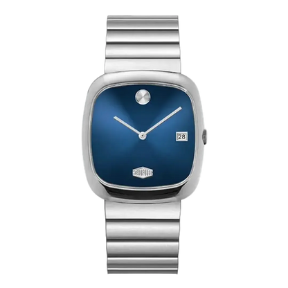 Silver watch with a blue face on a white background