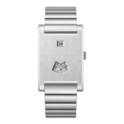 silver watch front, rectangular dial