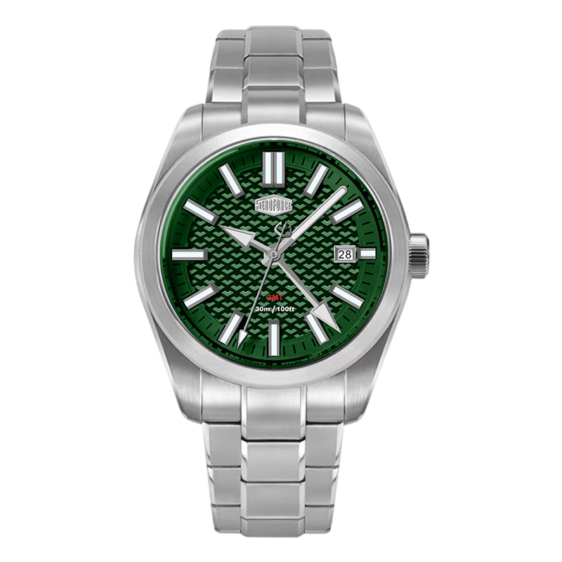 silver watch green dial