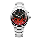 silver watch red flames