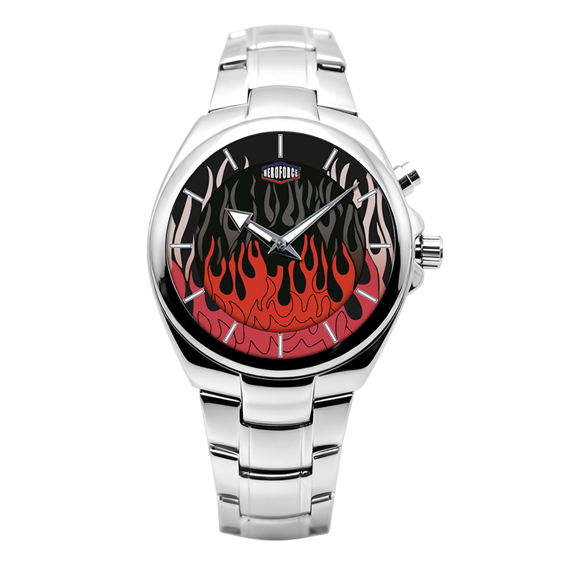 silver watch red flames