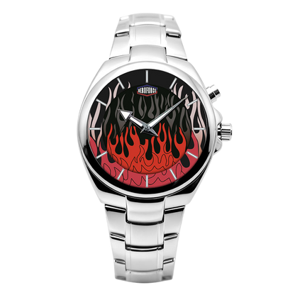 silver watch red flames