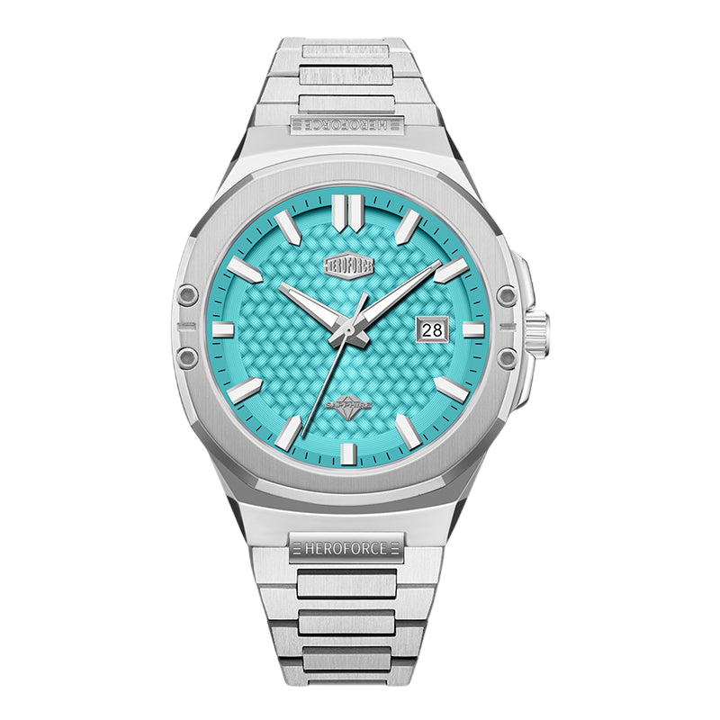 silver watch, teal dial