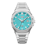 silver watch, teal dial