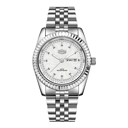 silver watch white dial