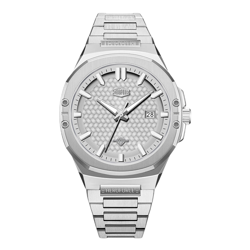 silver watch, white dial