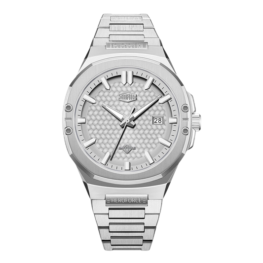 silver watch, white dial