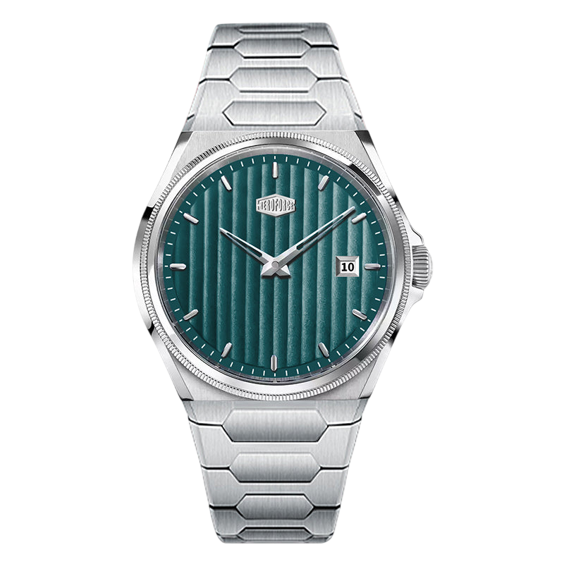 teal dial, steel bracelet