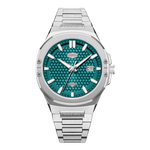 teal dial steel watch