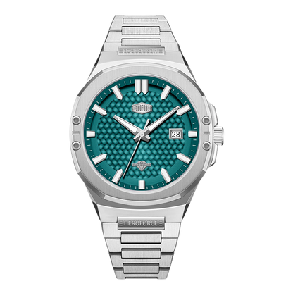 teal dial steel watch