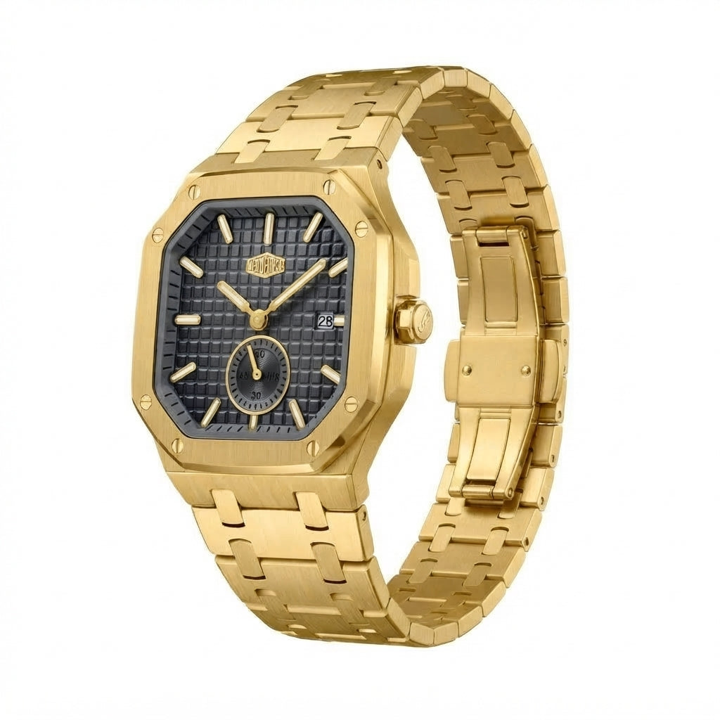 A gold-tone stainless steel watch with an octagonal bezel, a textured dark gray dial, and a matching gold-tone link bracelet, shown on a plain white background.