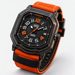 A rugged octagonal analog watch with a black textured case, three quarter angled