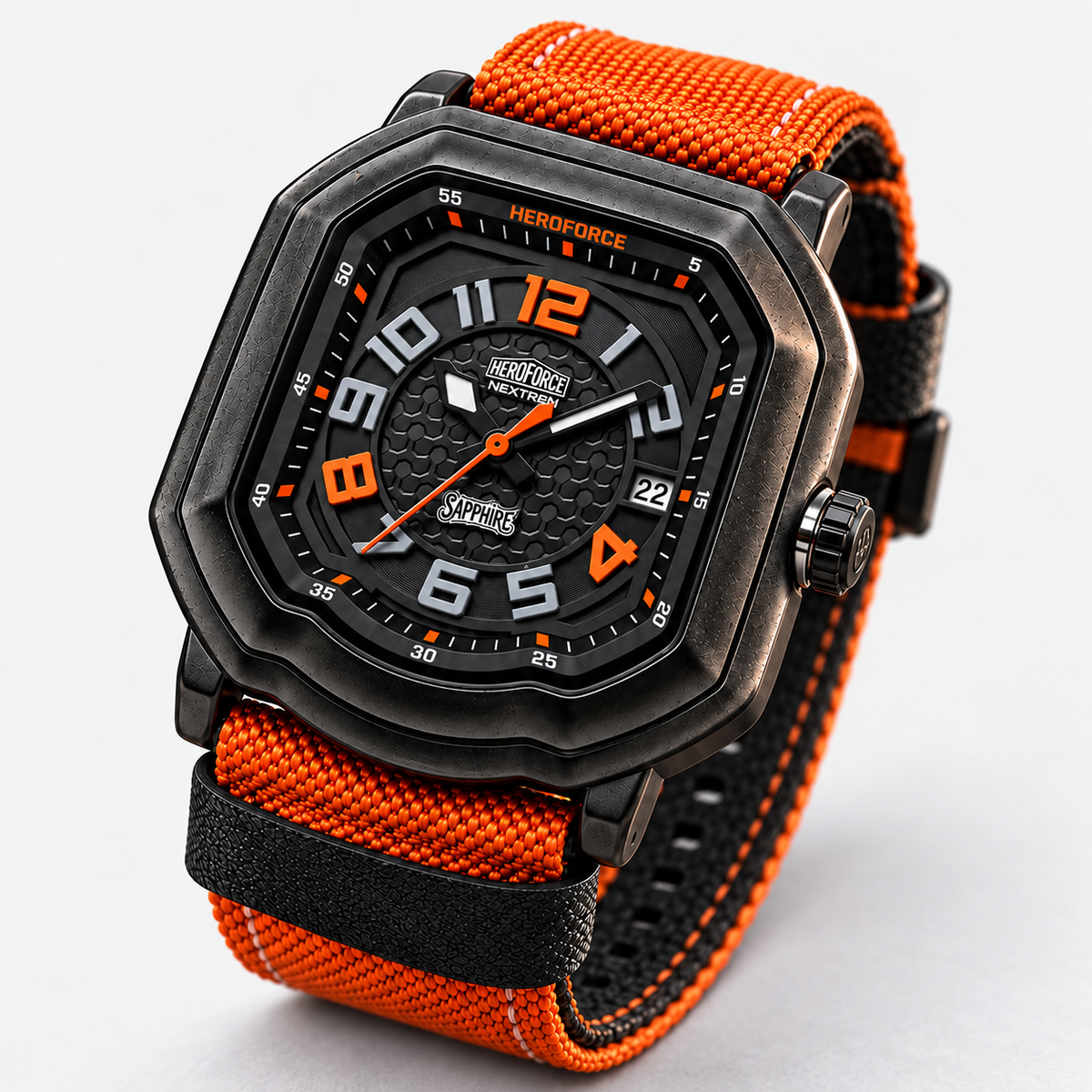 A rugged octagonal analog watch with a black textured case, three quarter angled