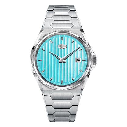 turquoise striped dial, steel watch