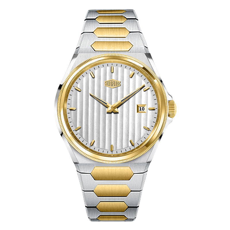 two-tone gold silver, silver striped dial