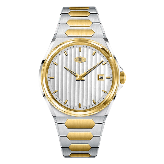 two-tone gold silver, silver striped dial