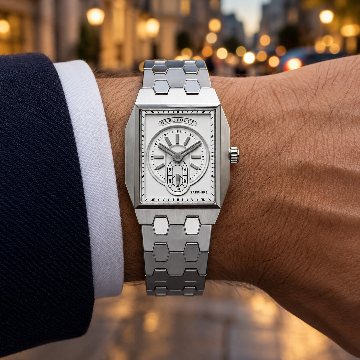 VAULTRA Silver White on the wrist with a navy blazer