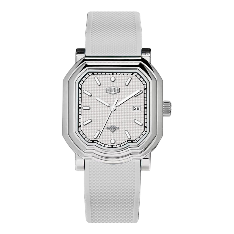 silver case white strap, front view